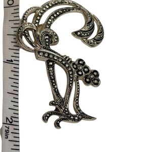 Silver Marcasite Ribbon Open Plume Brooch Pin west Germany